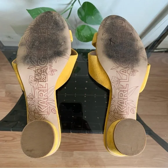 Karl Lagerfeld Fawn Yellow Leather Suede Open Toe Slide Block Heel Sandal Size 6 - Picture 11 of 15